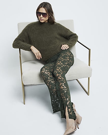 Green Lace Bootcut Flare Trousers