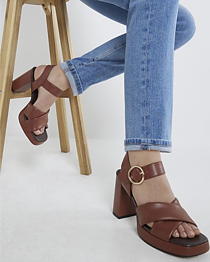 Brown Cross Strap Platform Heeled Sandals