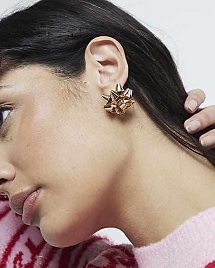 Gold Present Bow Stud Earrings