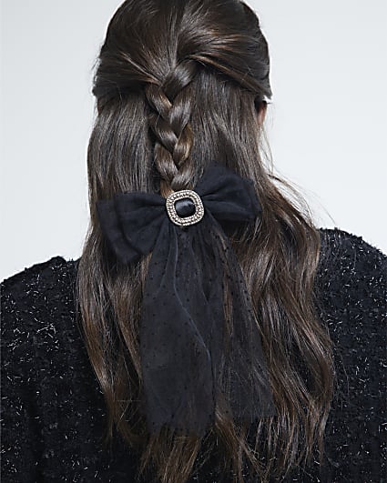 Black Buckled Organza Polka Dot Bow Hair Clip