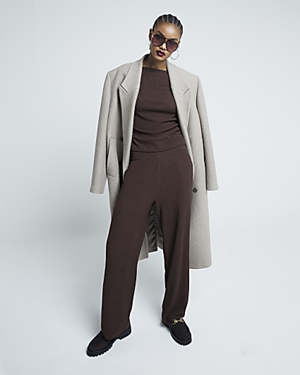 Brown Textured Wide Leg Trousers