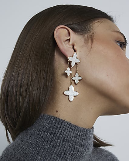 White Cascade Clover Drop Earrings