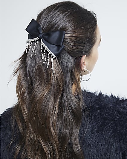 Black Satin Embellished Bow Hair Clip