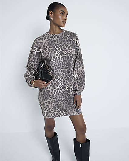 Brown Leopard Mini Sweatshirt Dress