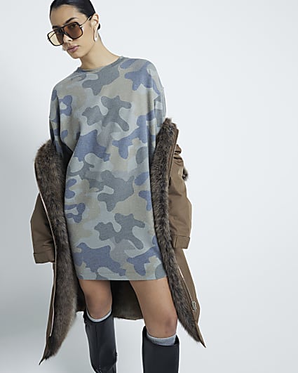 Khaki Camouflage Mini Sweatshirt Dress