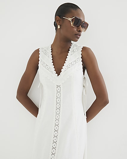 White Sleeveless Lace Insert Maxi Dress