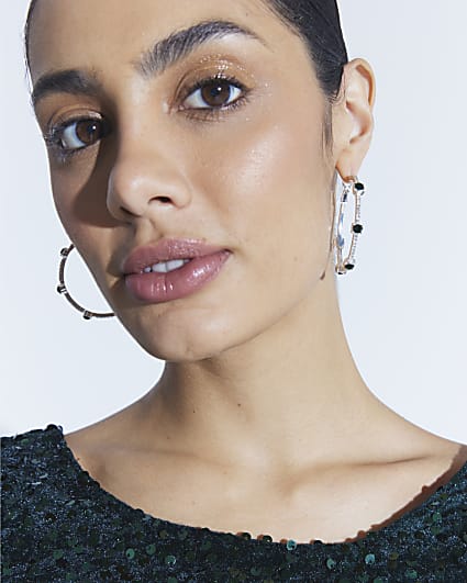 Silver Green Stone Hoop Earrings