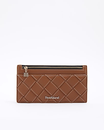 Brown Faux Leather Woven Zipped Pouch