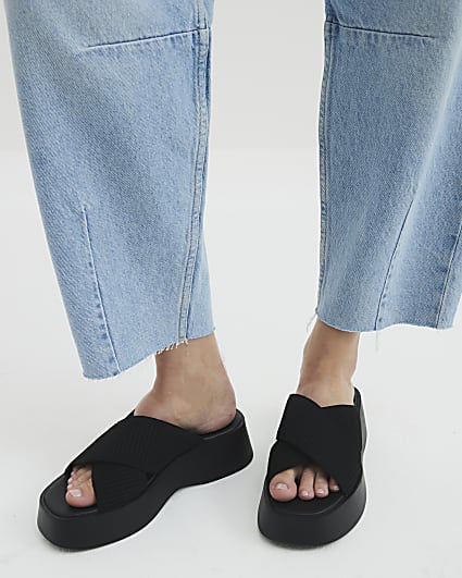 Black Wide Fit Flatform Mule Sandals