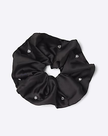 Black Satin Rhinestone Heart Scrunchie