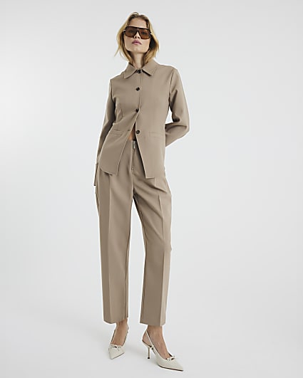 Beige Zip Front Slim Trousers