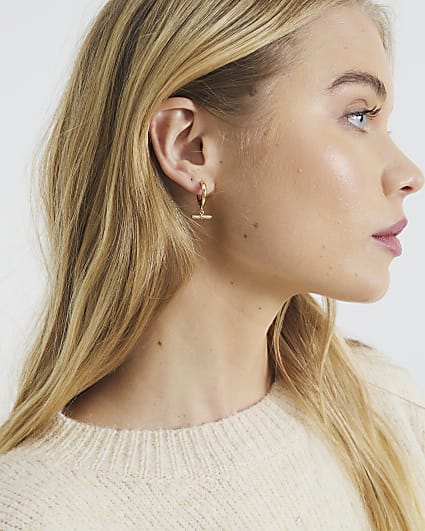 Gold Plated T Bar Drop Earrings