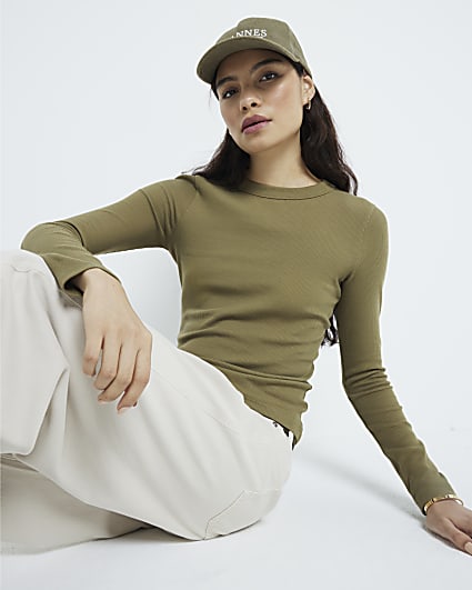 Khaki Fitted Long Sleeve T-Shirt