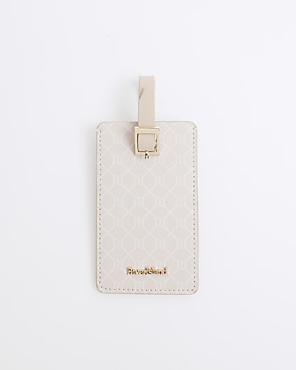 Beige Faux Leather Monogram Luggage Tag