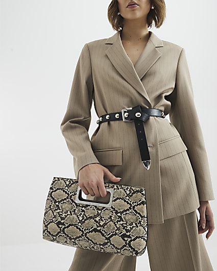 Beige Metal Handle Snake Print Clutch Bag