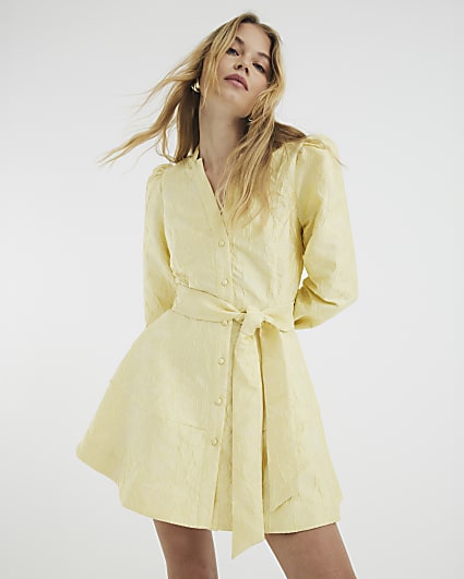 Yellow Belted Jacquard Mini Dress