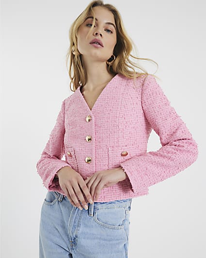 Pink Long Sleeve Boucle Jacket