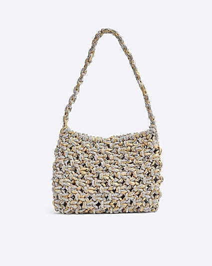 Beige Diamante Weave Shoulder Bag