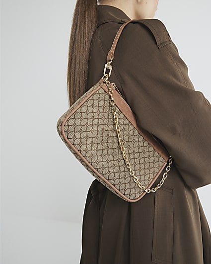 Brown Jacquard RI Monogram Shoulder Bag