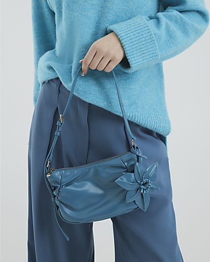 Blue Faux Leather Flower Shoulder Bag