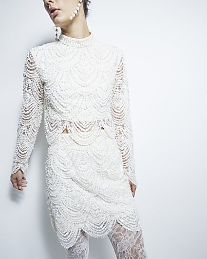 Cream Scallop Pearl long sleeve Top