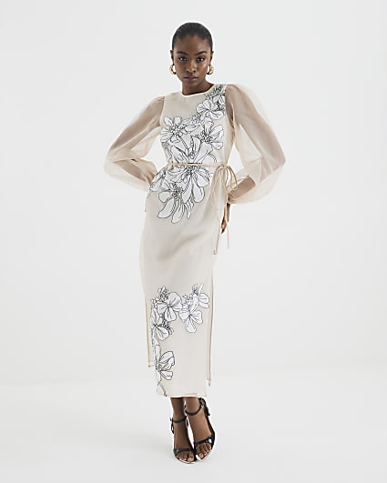 Cream Premium Floral Applique Maxi Dress