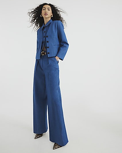 Blue Denim High Waisted Wide Leg Trousers