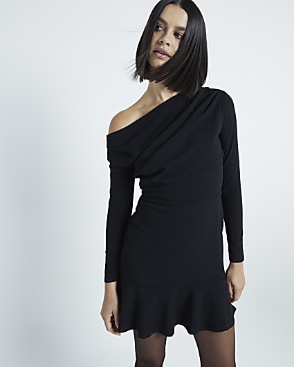 Black Long Sleeved Draped Mini Dress