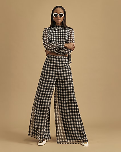 Black Gingham Wide Leg Trousers