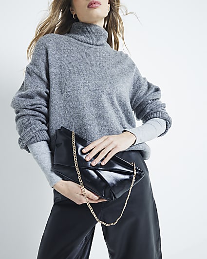 Black Patent Twist Front Clutch Bag