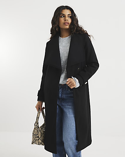 Petite Black Faux Wool Belted Wrap Coat