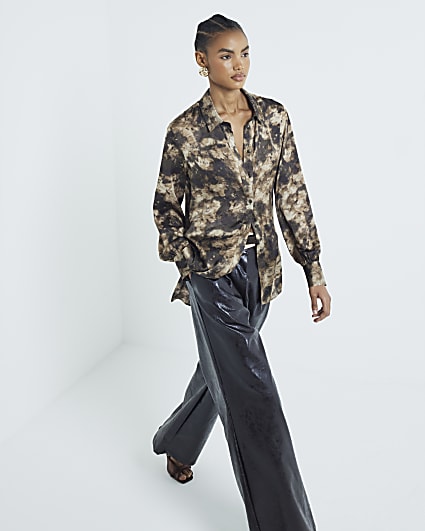 Brown Satin Abstract Longline Shirt