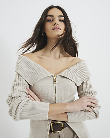 Beige Bardot Zip Jumper