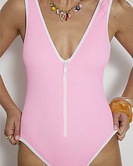 Pink Zipped Textured Swimsuit