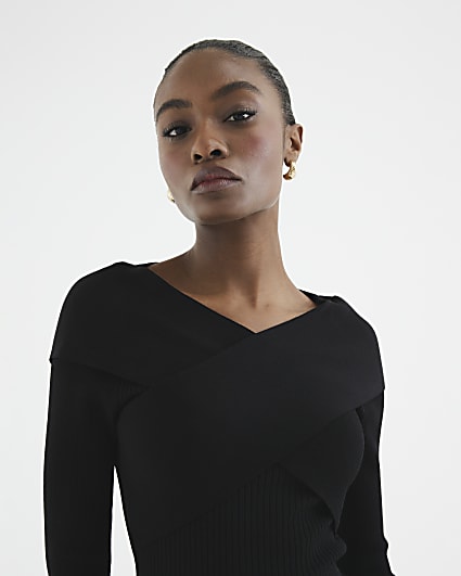 Black Knitted Wrap Fitted Top