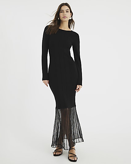 Black Mesh Detail Long Sleeve Maxi Dress