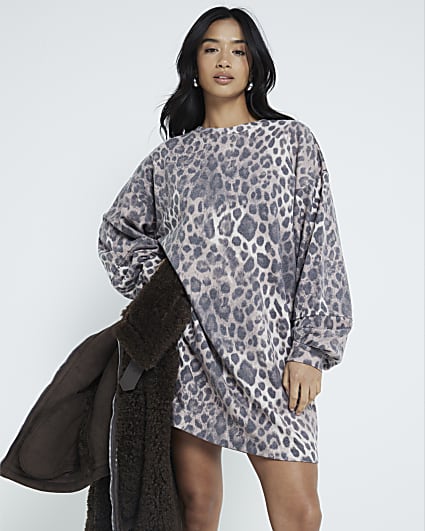 Petite Brown Leopard Mini Sweatshirt Dress