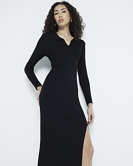 Black Notched Neck Knit Dress