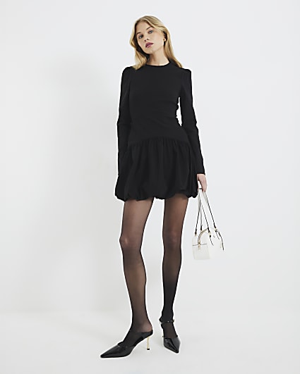 Black Long Sleeve Bubble Hem Mini Dress