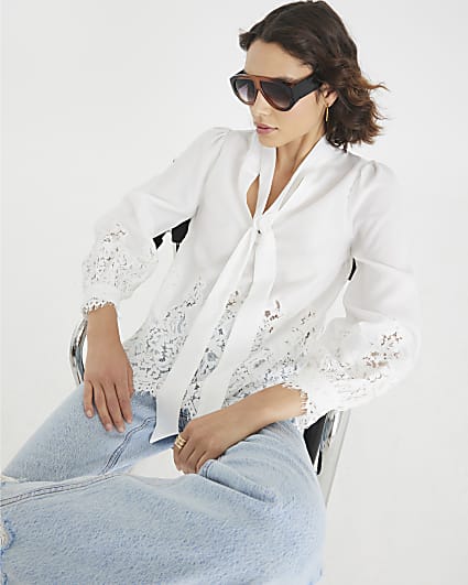White long sleeve lace trim pussybow blouse