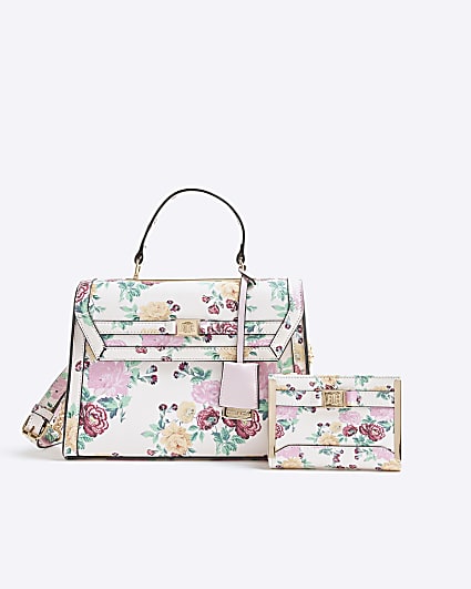 Cream Faux Leather Floral Charm Bundle Bag