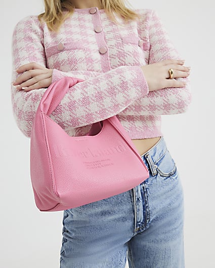 Pink Faux Leather Debossed RI Scoop Bag