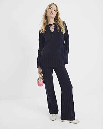 Navy Ribbed Flared Trousers