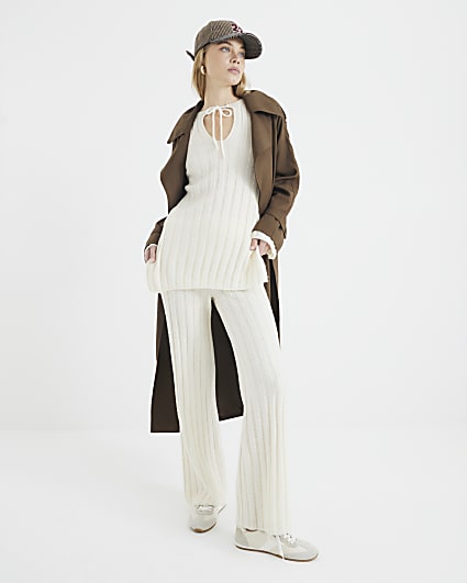 Cream Ribbed Flared Trousers