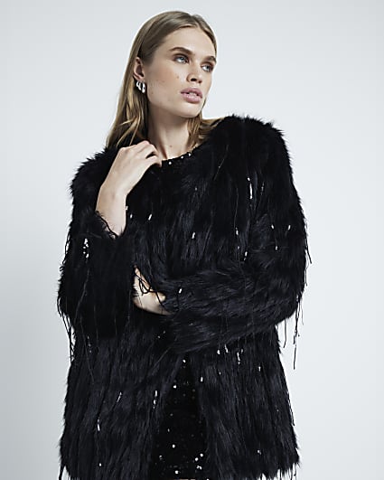 Black Faux Fur Sequin Fringe Jacket