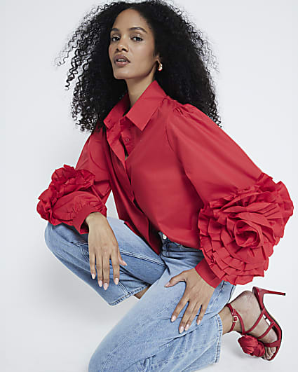 Red Long Sleeve Corsage Shirt