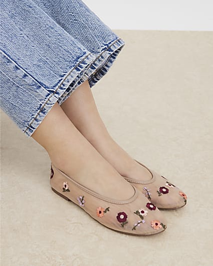 Beige Mesh Floral Embroidered Ballet Pumps