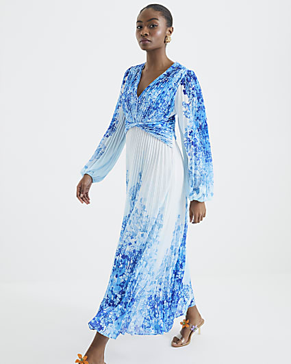 Blue Floral Print Plisse Maxi Dress