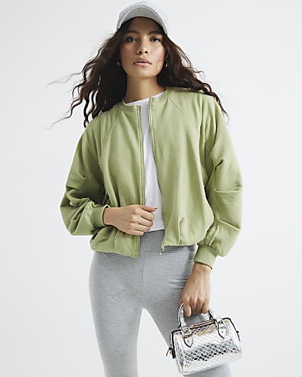 Khaki Long Sleeve Bubble Hem Bomber Jacket