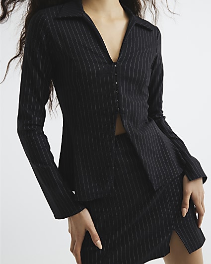 Black Pinstripe V Neck Top